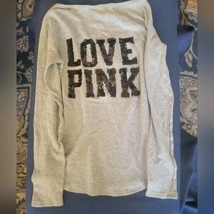 Women LARGE grey  long sleeve black sequin LOVE PINK waffle top VICTORIA SECRET